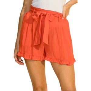 HYFVE Orange High Waist Front Belt Tie Ruffled Hem Sheer Shorts Size S NEW